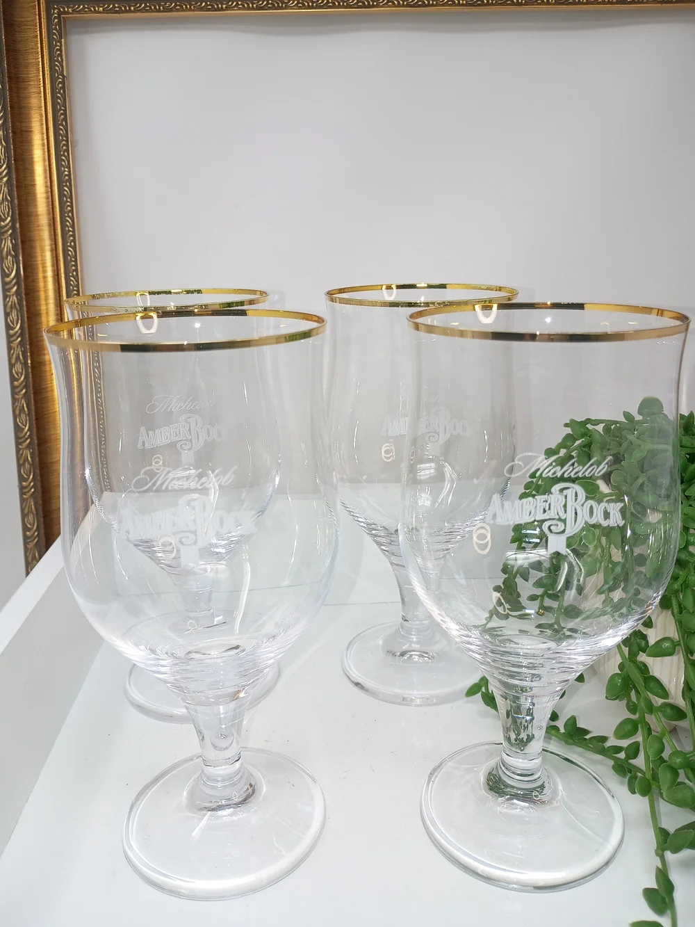 Set of Four Michelob Amber Bock Gold Rim Goblet Glasses